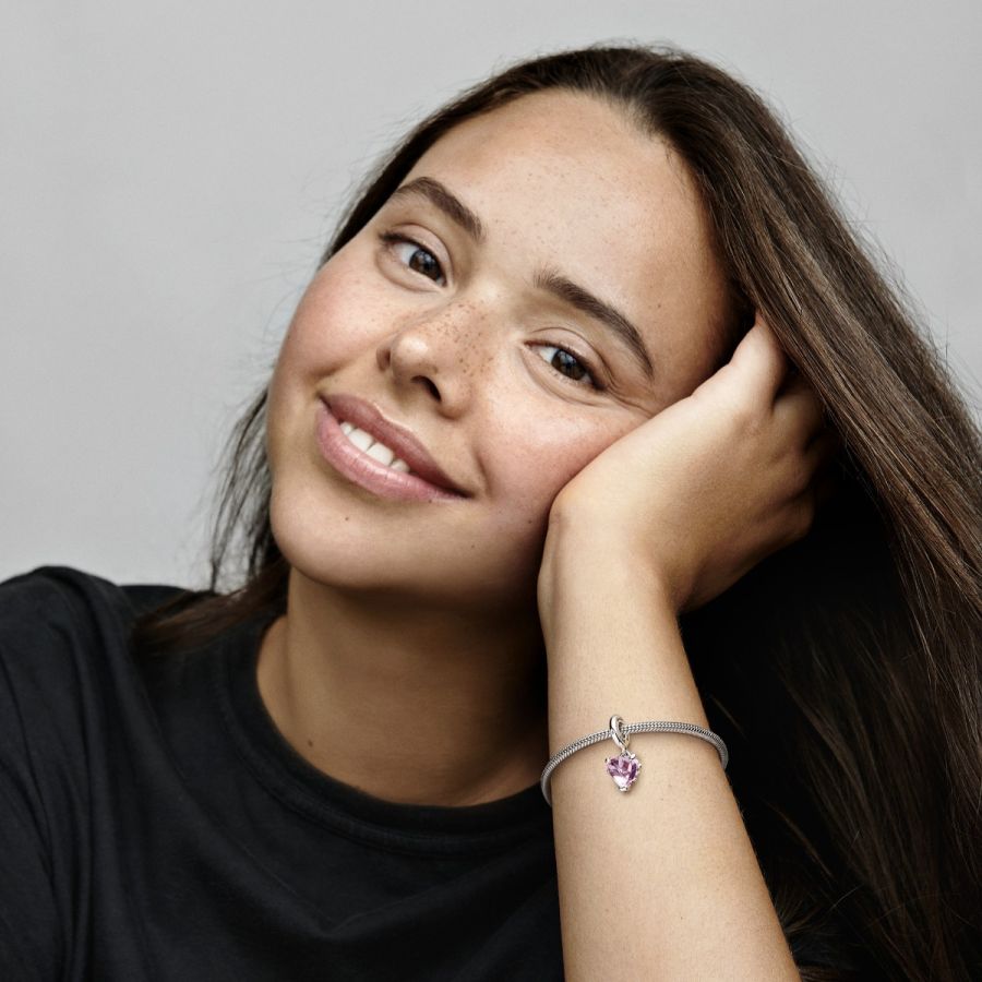 Charm-Anhänger Rosafarbener Kristall Stammbaum & Herz Silber
