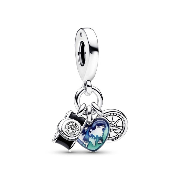 Charm-Anhänger Kamera Herz & Kompass Sterling-Silber