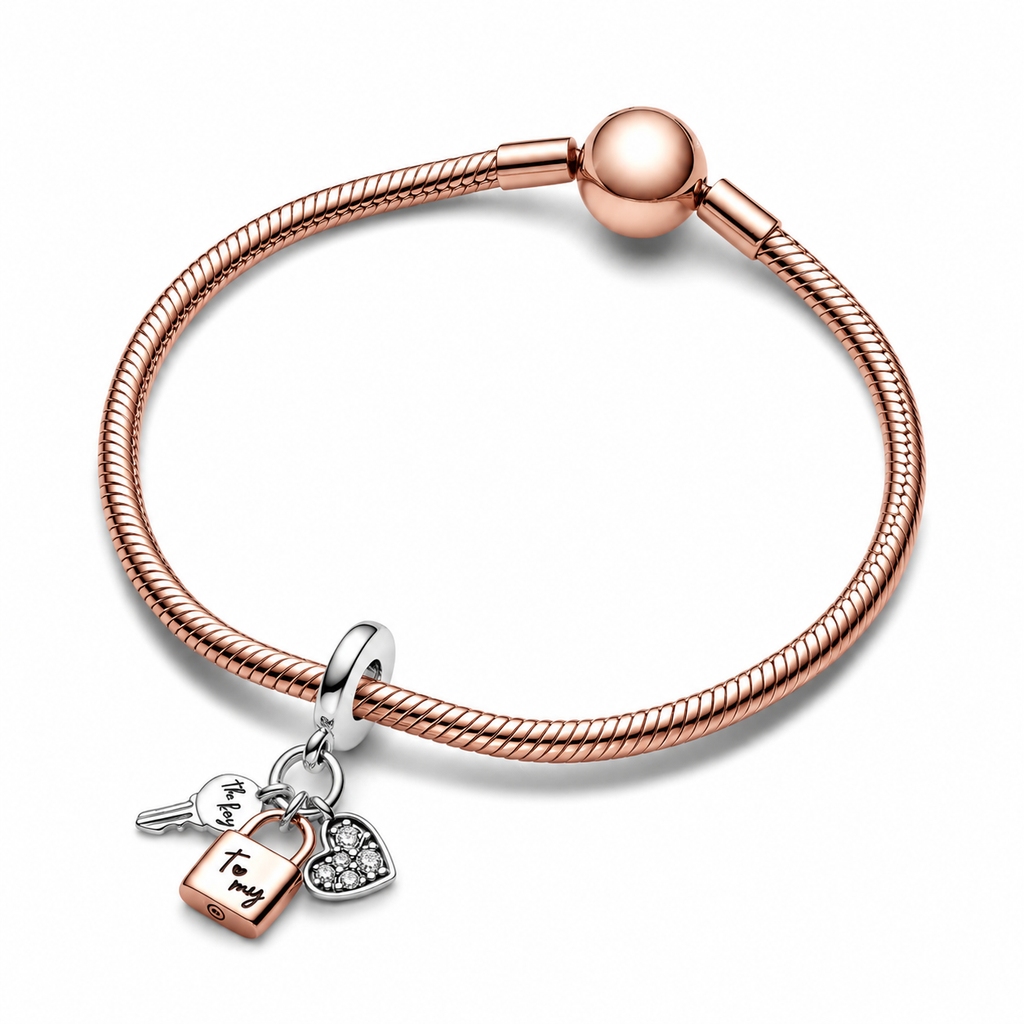 Charm-Anhänger Schlüssel Vorhängeschloss Herz Silber 14k Rosé