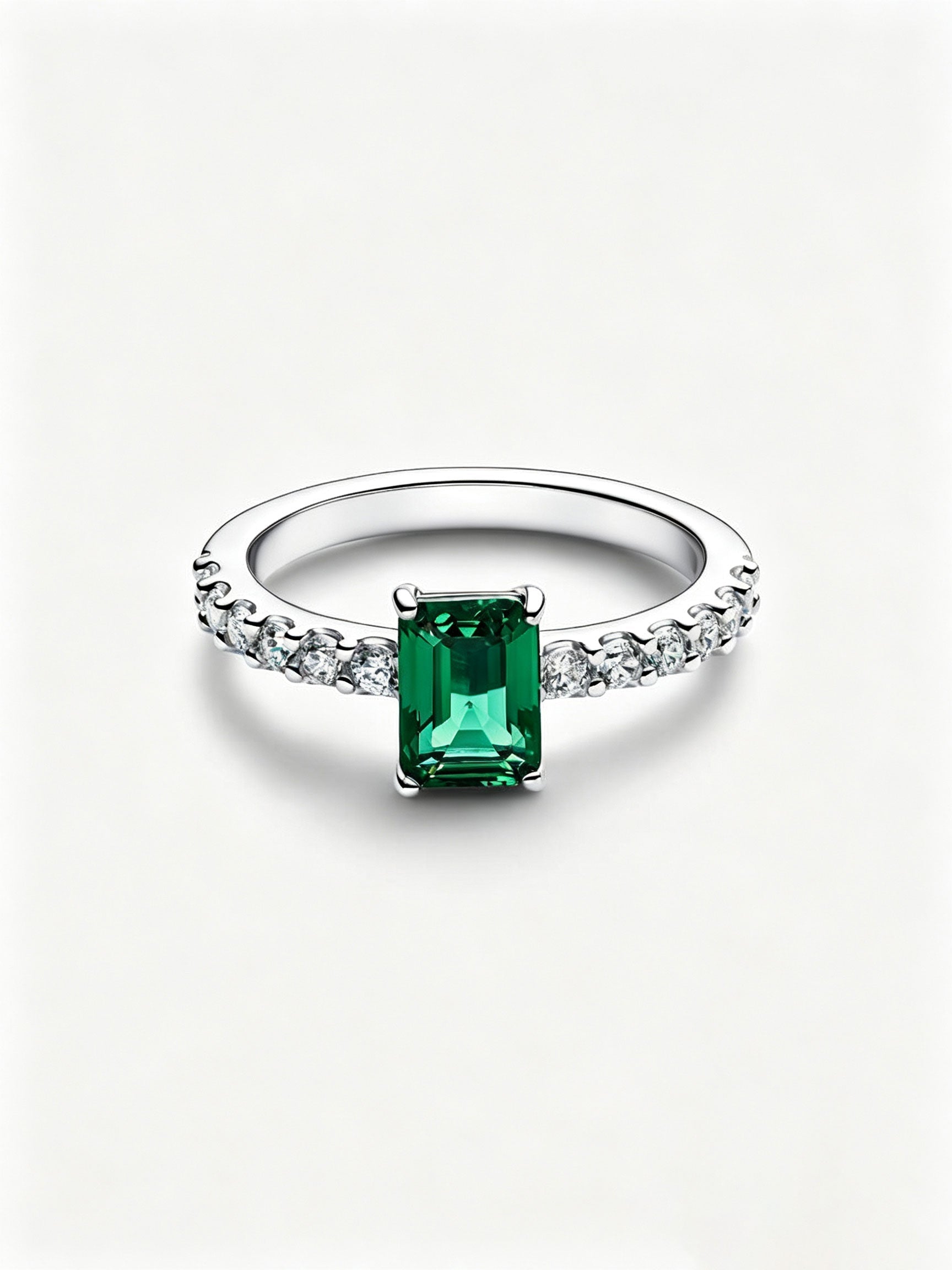 Rechteckiger Funkelnder Grüner Strahlenkranz Ring Sterling-Silber