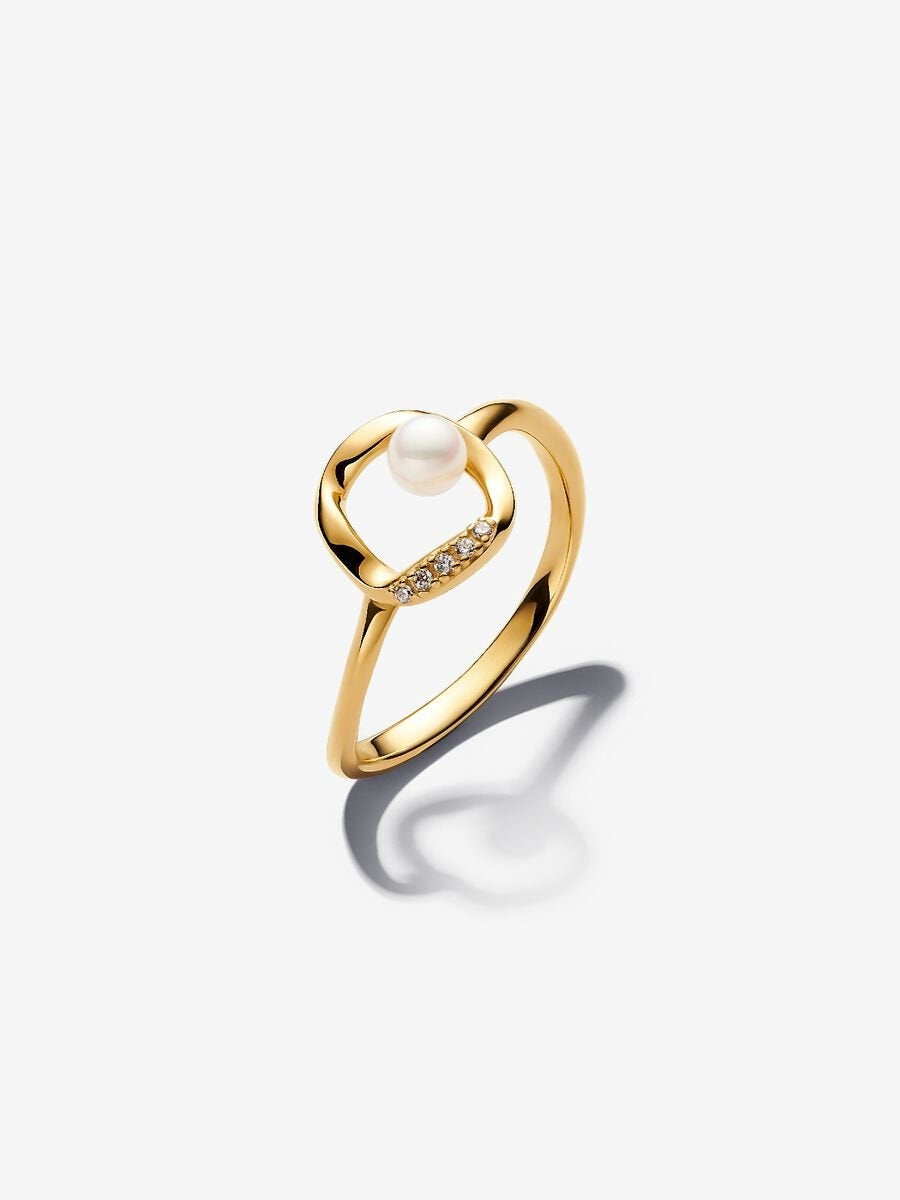 Organisch Geformter Pavé Kreis & Behandelte Süßwasserzuchtperle Ring 14 Karat Vergoldung Hauptbild