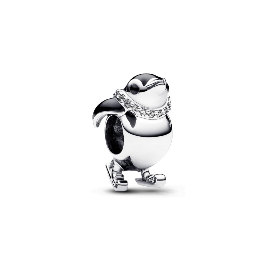 Charm Ski-Pinguin Emaille Schwarz Zirkonia Weiß Silber