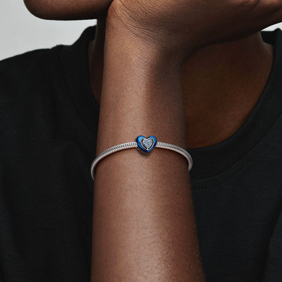 Charm Blaues Drehbares Herz Kristalle Silber