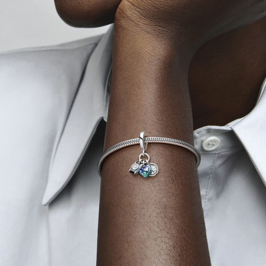 Charm-Anhänger Kamera Herz & Kompass Sterling-Silber