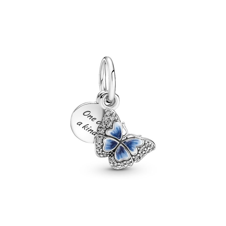 Charm-Anhänger Blauer Schmetterling & Spruch Doppelter Silber