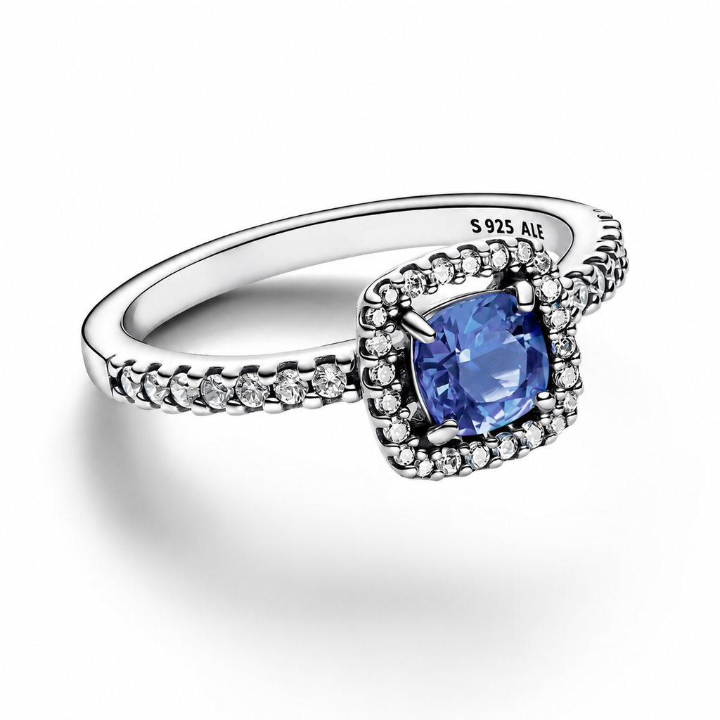 Ring Funkelnder Eckiger Blauer Strahlenkranz Silber