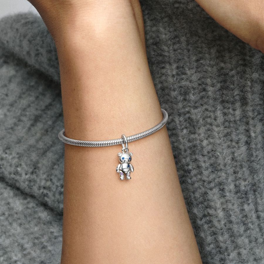 Charm-Anhänger Beweglicher Baby-Teddybär Blau Kristall Silber