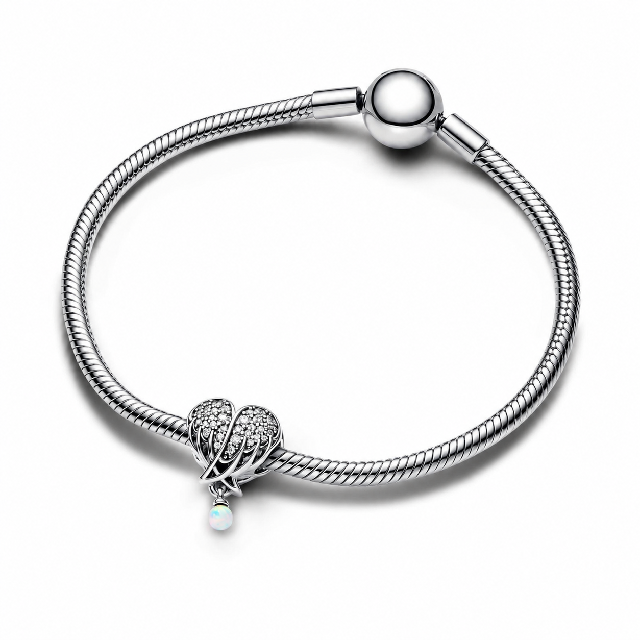 Charm Funkelnde Engelsflügel & Herz Zirkonia Opal Silber