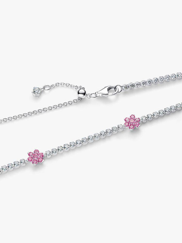 Rosafarbene Blume Tennishalskette Sterling-Silber