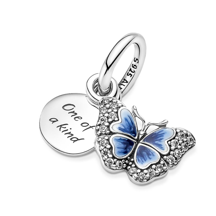 Charm-Anhänger Blauer Schmetterling & Spruch Doppelter Silber Zweitbild