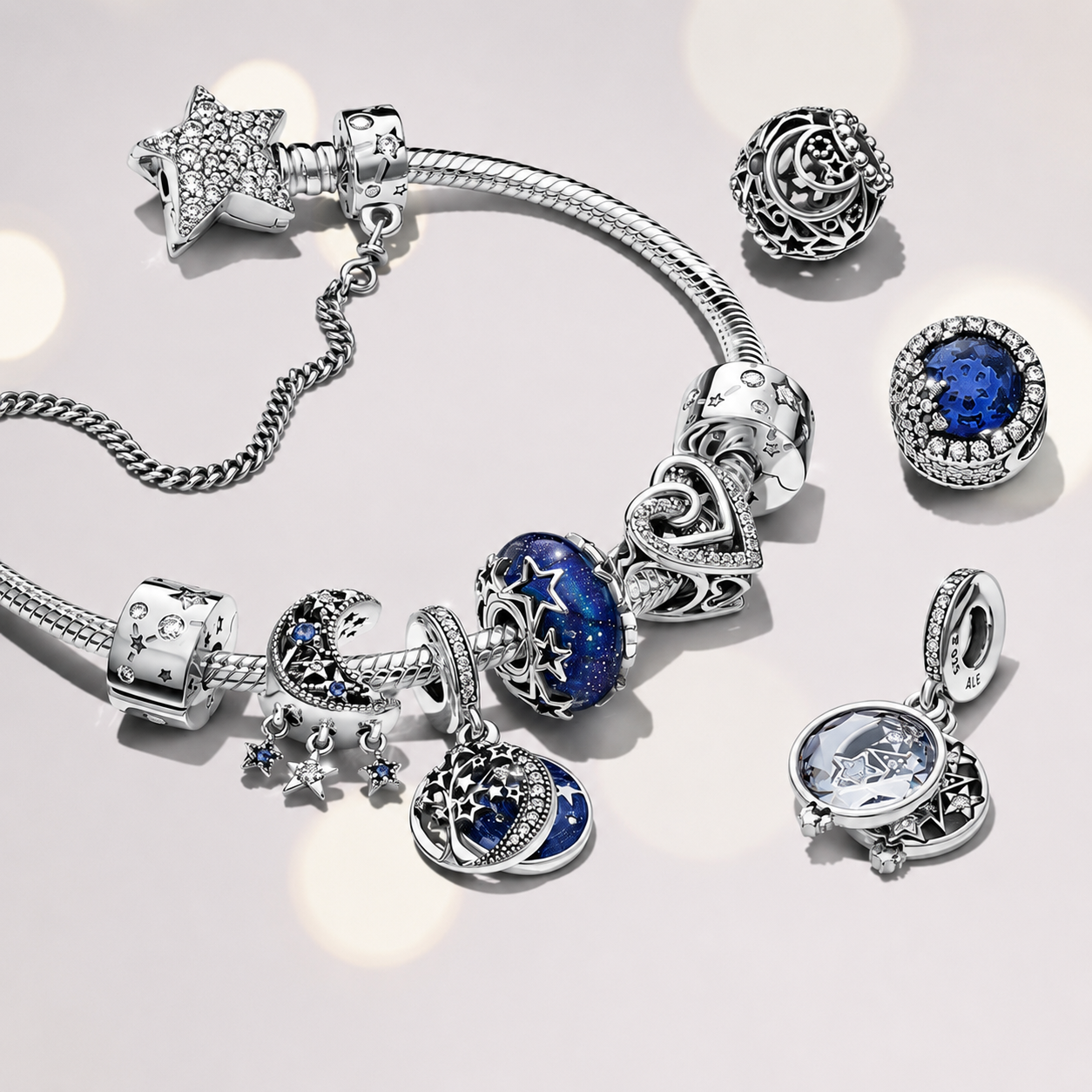 Charm Galaxis Blau & Stern Murano-Glas Sterling-Silber