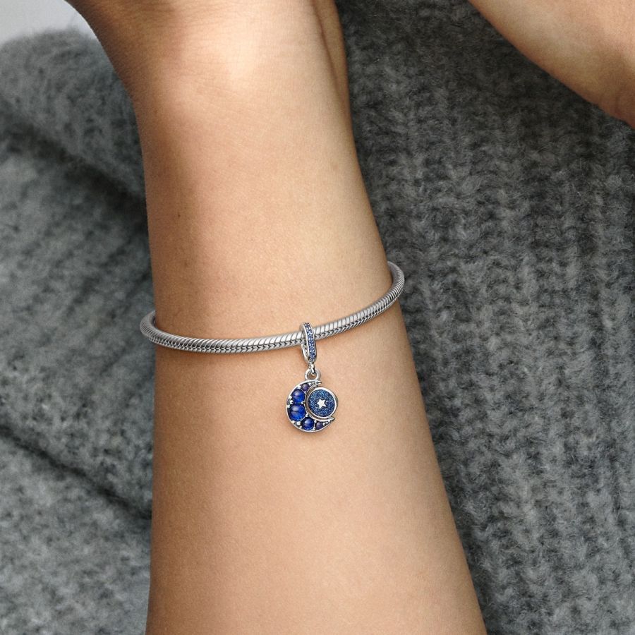 Charm-Anhänger Funkelnder Drehender Mond Blau Silber