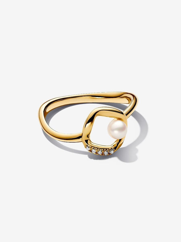 Organisch Geformter Pavé Kreis & Behandelte Süßwasserzuchtperle Ring 14 Karat Vergoldung